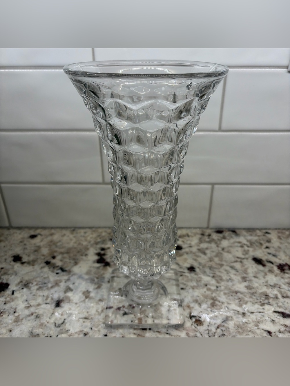 VTG Fostoria American Clear  Flared Vase Square Foot  Base 9 3/4” Glows EUC